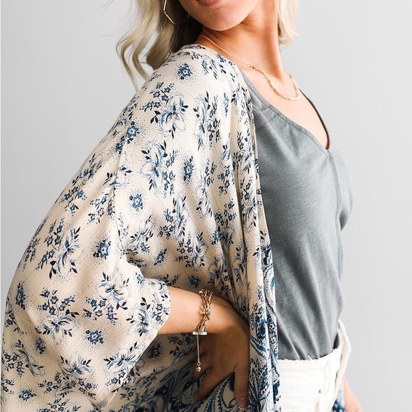 💎Angie Metallic Floral Kimono Women’s Large Glacier Blue🌙 - Picture 4 of 8